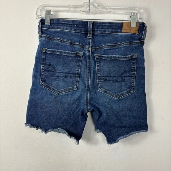 American Eagle Hi Rise Midi Jean Shorts Womens 4 Super Stretch Dark Wash Raw Hem - Picture 2 of 5